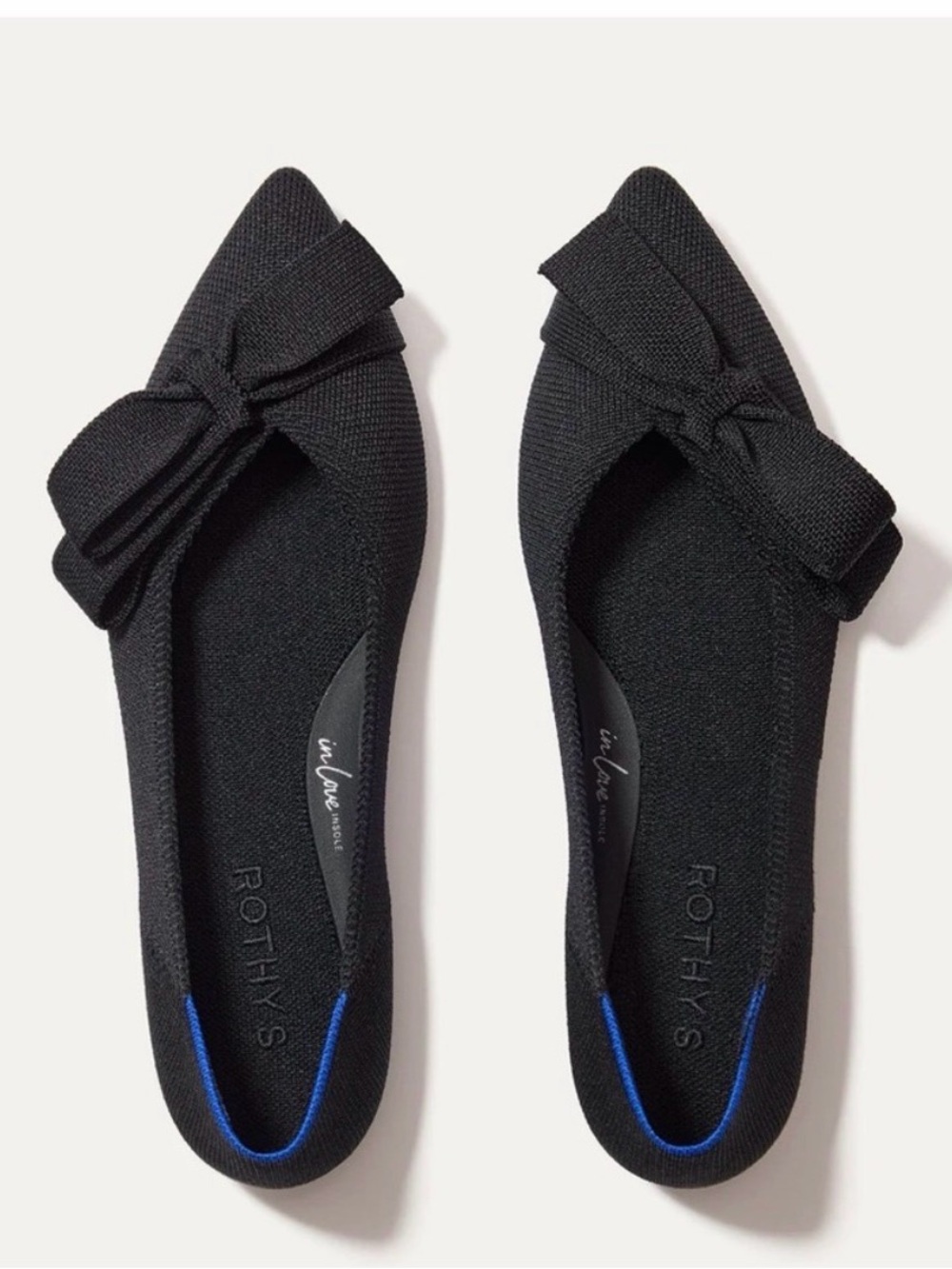 Rothy's Black Bow Point II Ballet Flats with Blue Heel Trim Size 8